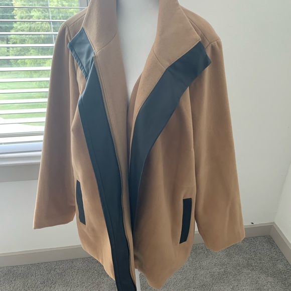 Tan and Black Women's Pea Coat with Faux Leather Trim. - Picture 4 of 16